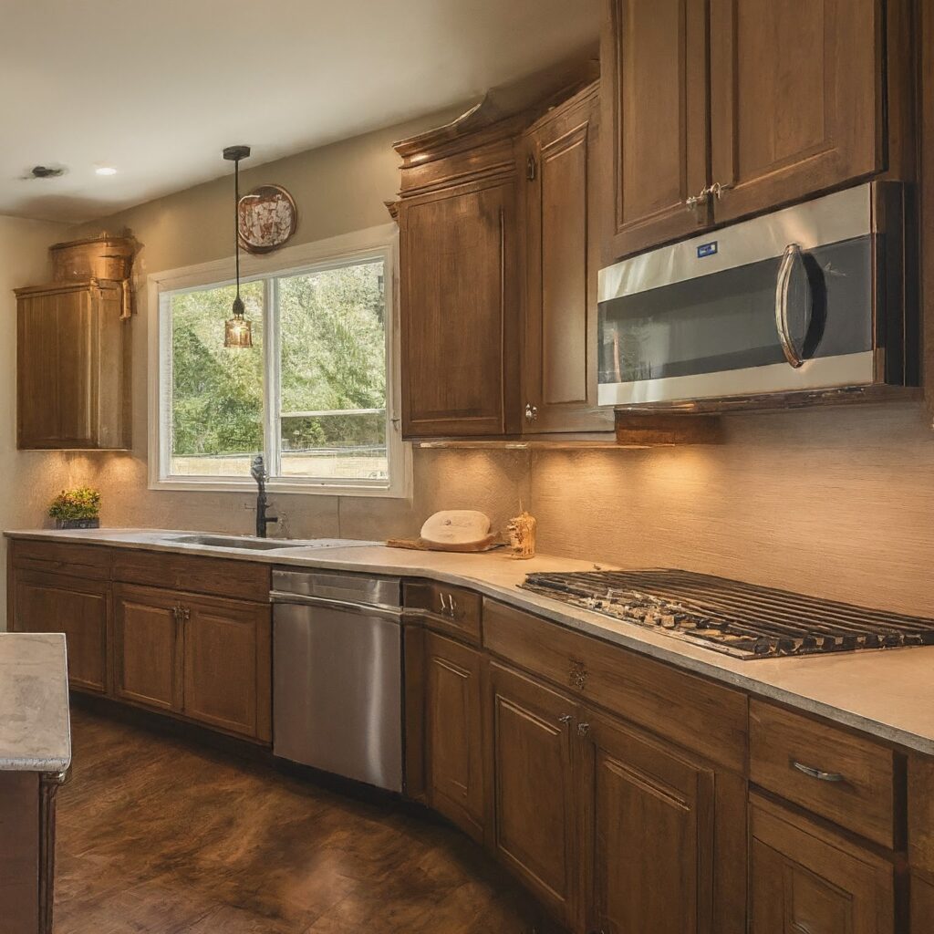 Image of kitchen interior with brown cabinets and electrical appliances.