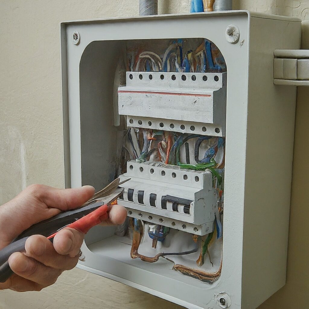Image of a person’s hand holding a pair of pliers in front of an electric box with wires and switches
